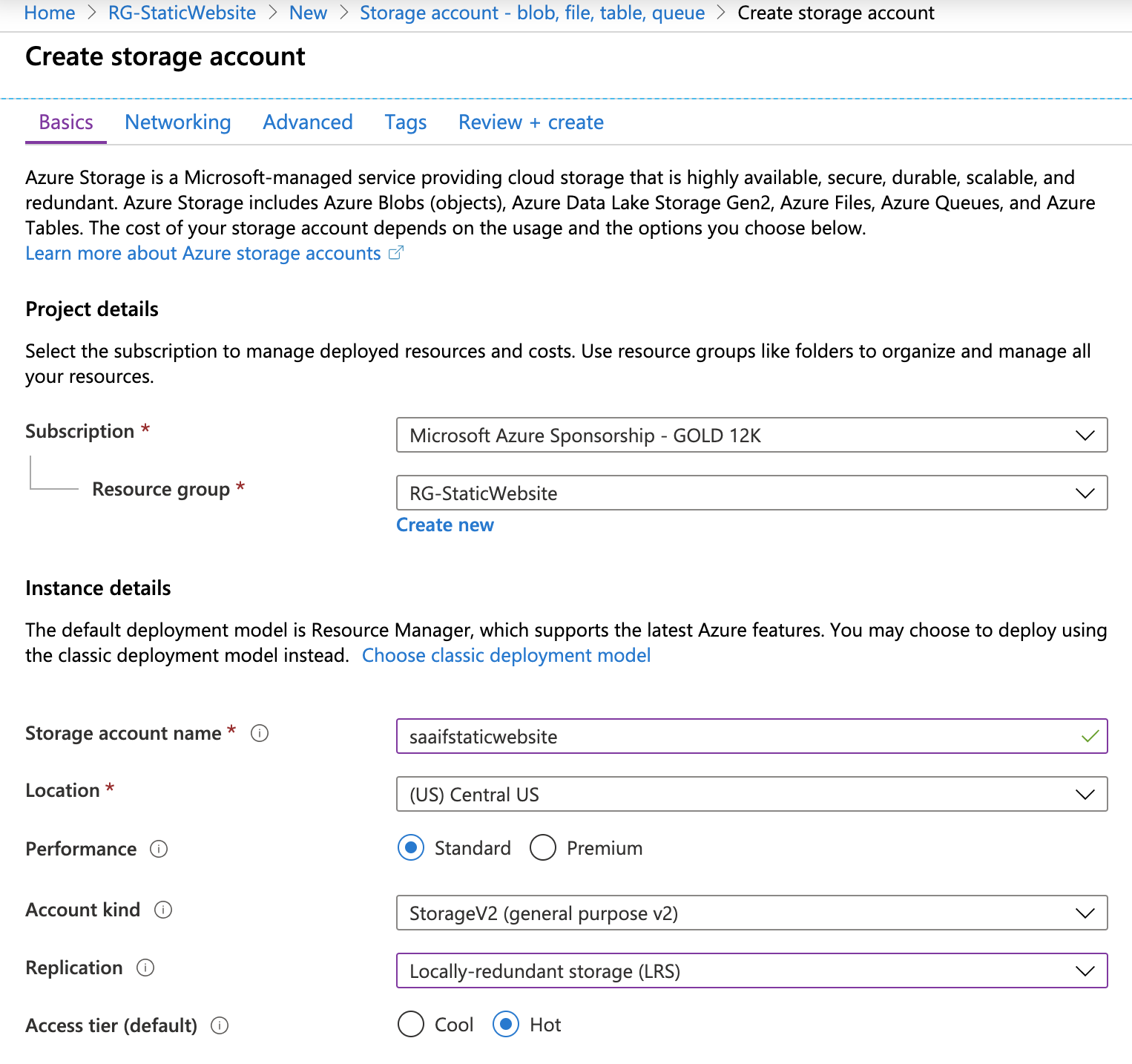 Create Storage Account