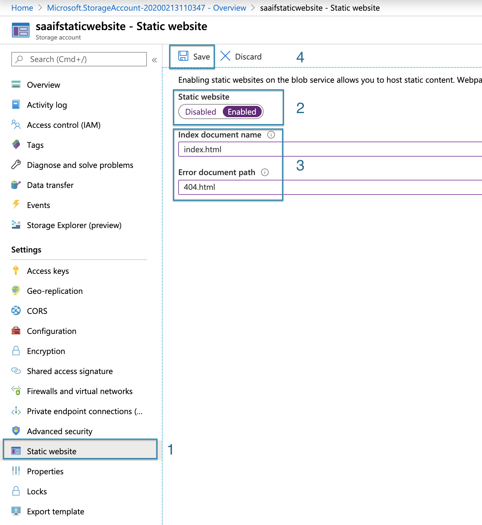 Enable Static Websites on Storage Account