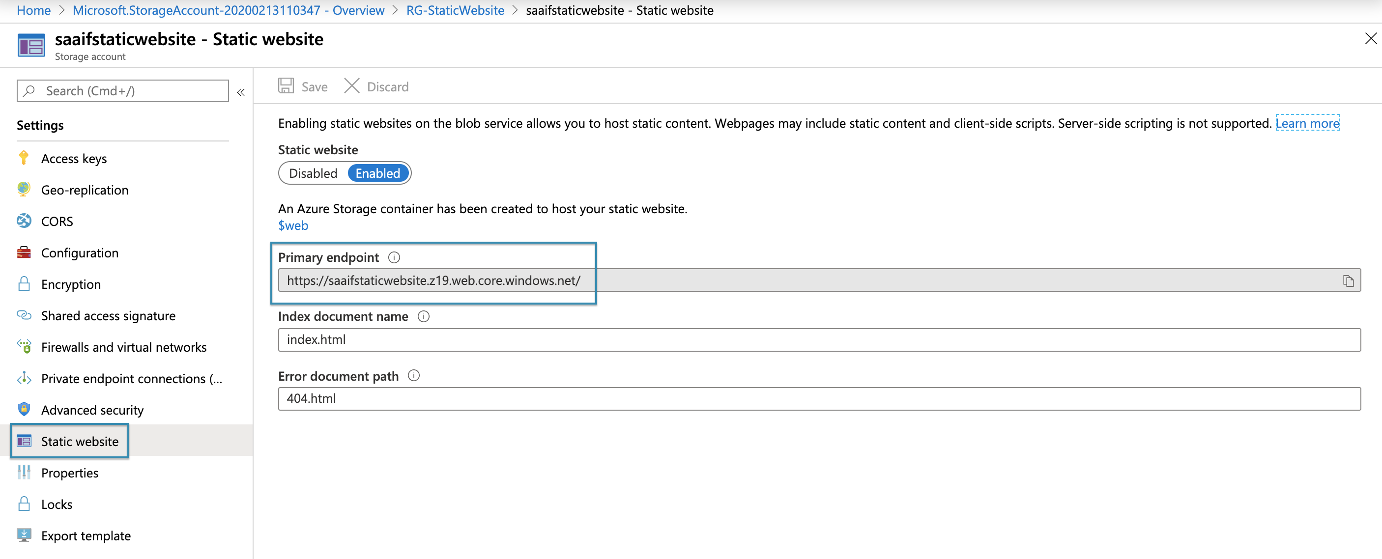 Azure Static Website URL