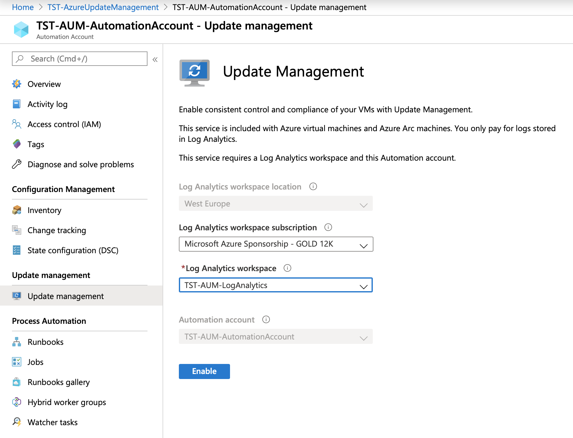 Resources Automation Account & Log Analytics