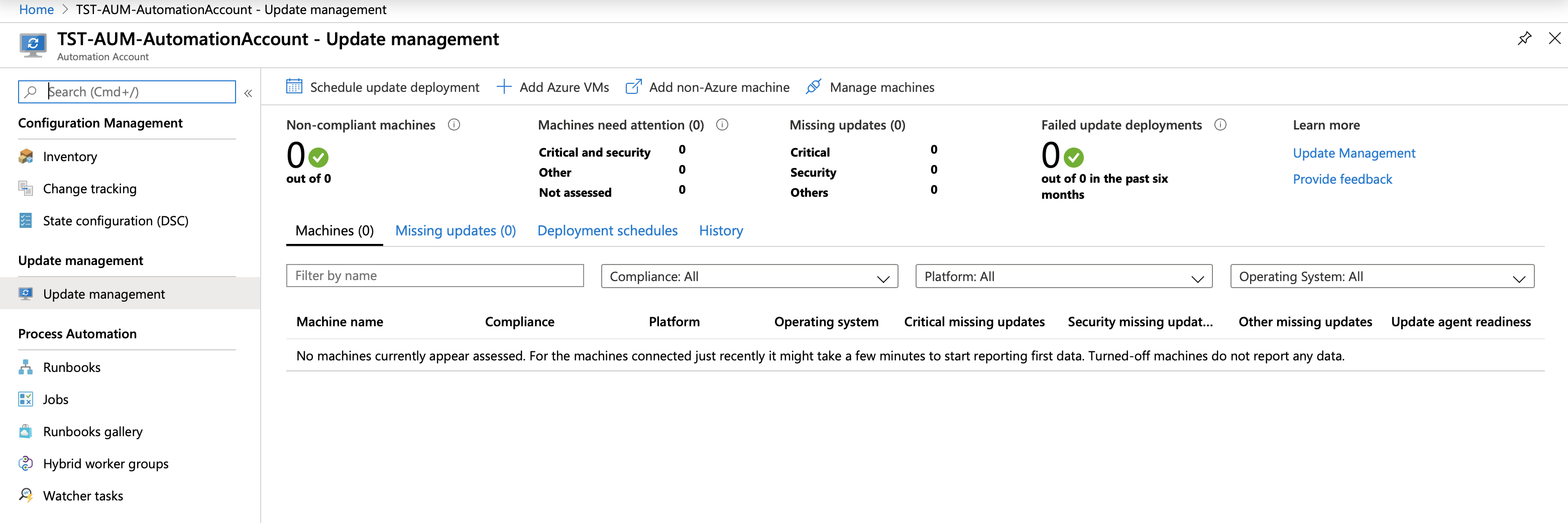 Azure Update Management Main Page