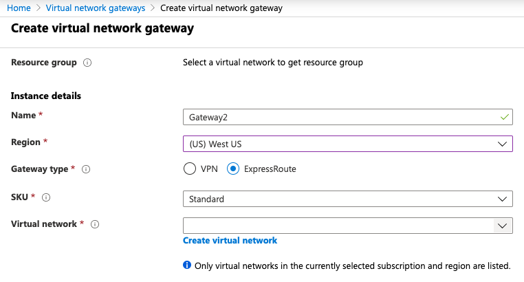 Create Azure Virtual Network Gateway