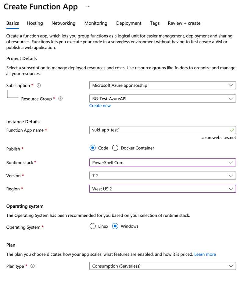 Create Azure Function App
